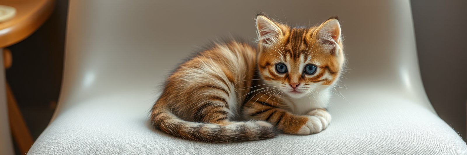 Cute ginger kitten resting on a soft chair in a cozy indoor setting with warm lighting in the afternoon